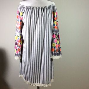 Philosophy Dress Linen Blend Tunic Dress Boho Peasant Embroidered Sleeves Size M